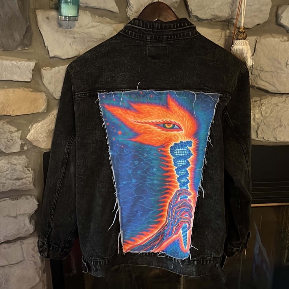 XL Jean Jacket TooL Flaming Torch Alex Grey Design